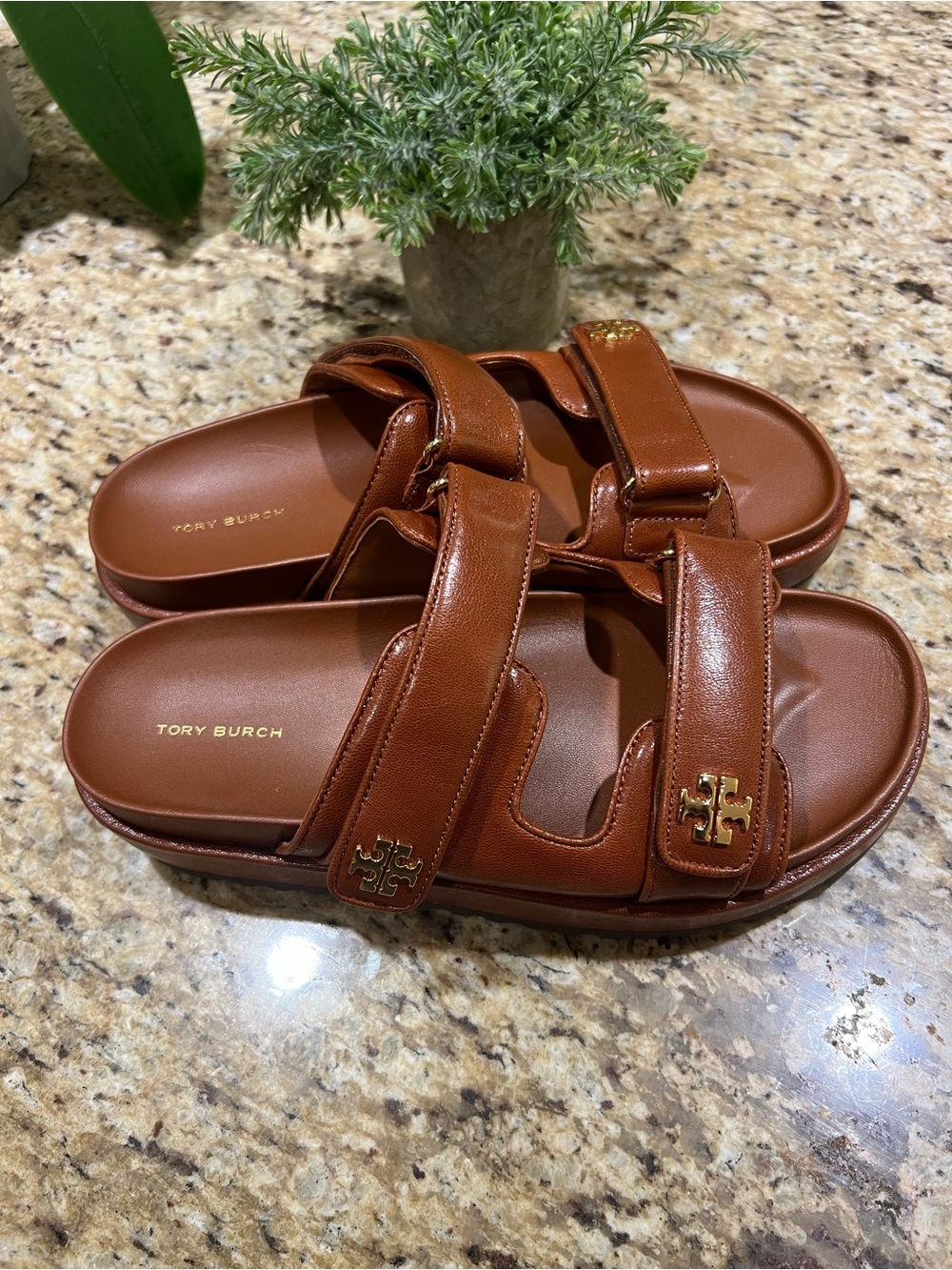 Tory Burch Cognac Leather Double-Strap Platform Slide Sandals with Gold Logo 10